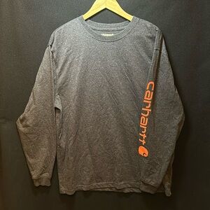 Carhartt Charcoal Gray Long Sleeved Shirt With Orange Branded Logo on Sleeve